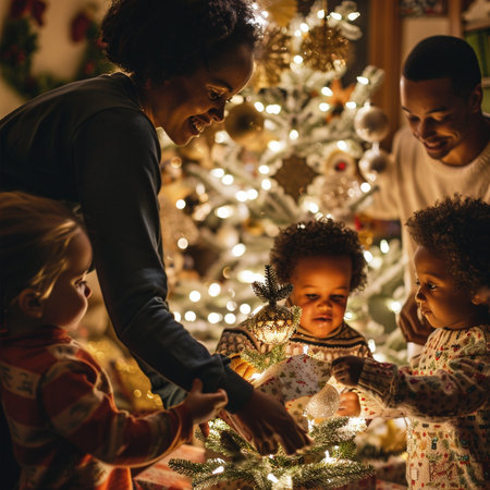 Happy family decorating Christmas tree at home. Mother, father and children having fun together.の素材
