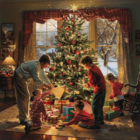 Happy family decorating Christmas tree at home. Father, mother and children presents opening.の素材