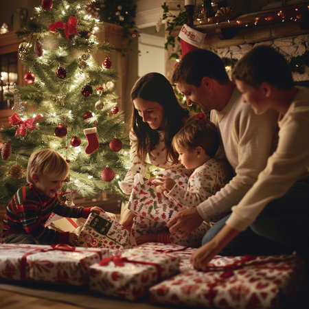 Happy family with two kids Christmas opening presents at home near fireplace.の素材