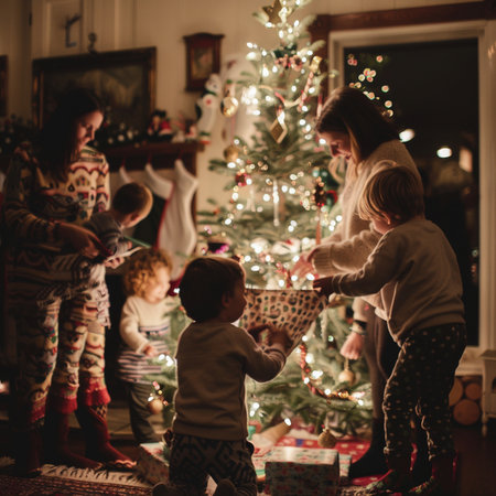 Happy family decorating Christmas tree at home. Mother and children opening presents.の素材