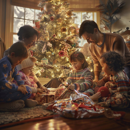 Happy family decorating Christmas tree in living room at home. Father, mother and children are opening presents.の素材