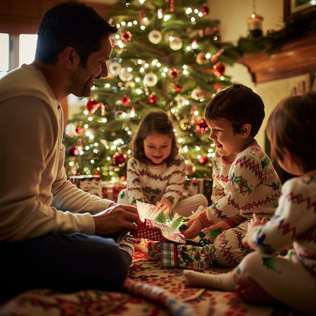 Happy family opening Christmas presents at home in front of a Christmas treeの素材