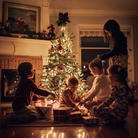 Happy family opening Christmas presents at home in front of a fireplace.の素材