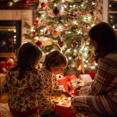 happy family with two little kids decorating christmas tree at homeの素材