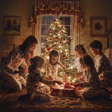 Happy family opening Christmas presents. Mother, father and daughters having fun near Christmas tree.の素材