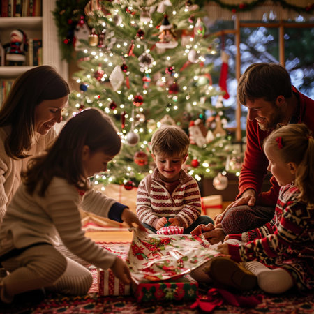 Happy family decorating christmas tree with presents in living room at homeの素材