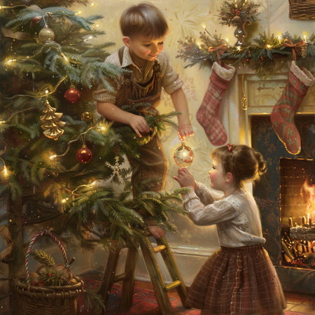 Mother and daughter decorate the Christmas tree in a beautiful living roomの素材