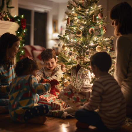Happy family with two children decorating a Christmas tree at home.の素材