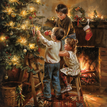 Children decorate the Christmas tree with toys. Christmas and New Year.の素材