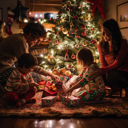 Happy family opening Christmas presents at home in front of a Christmas treeの素材