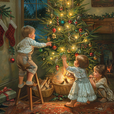 Children decorate the Christmas tree with toys and garlands. Christmas interior.の素材
