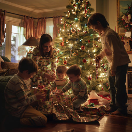 Happy family opening Christmas presents at home. Mother, father and children having fun near Christmas treeの素材