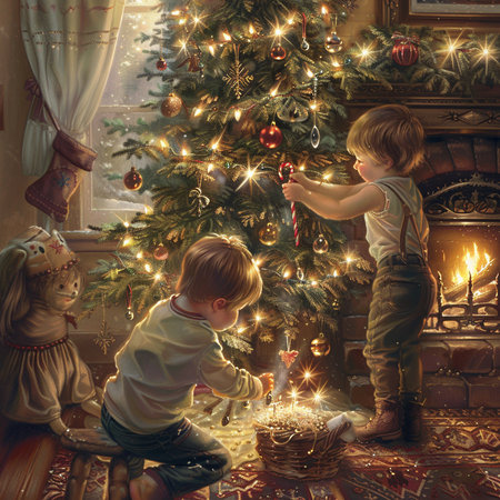 Little boy and girl decorating the Christmas tree at home. Christmas concept.の素材