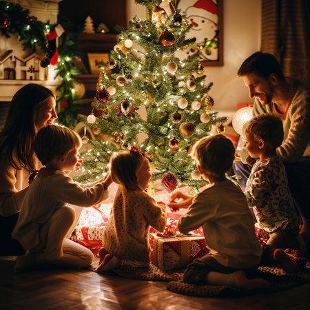 Happy family with kids decorating a Christmas tree at home. Merry Christmas and Happy New Year!の素材
