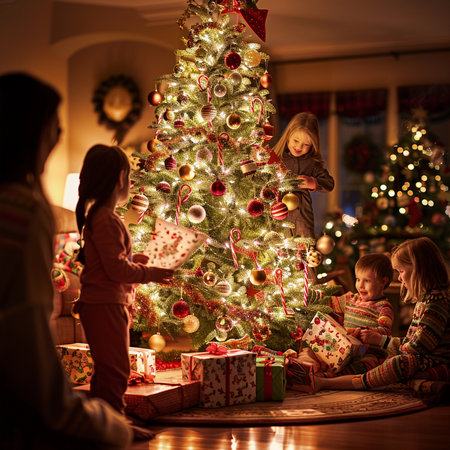 Happy family with kids decorating Christmas tree in living room at homeの素材