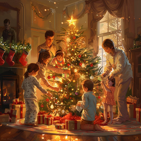 Happy family with two children decorating a Christmas tree at home.の素材