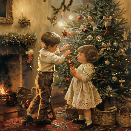 Little boy and girl decorating the Christmas tree with toys at homeの素材