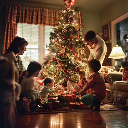 Happy family decorating Christmas tree at home. Mother, father and children presents opening.の素材