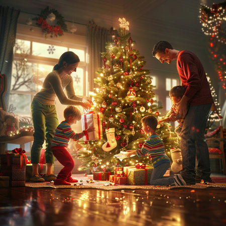 Happy family decorating Christmas tree at home. Winter holidays concept.の素材