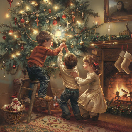 Children decorate the Christmas tree in the living room at home.の素材
