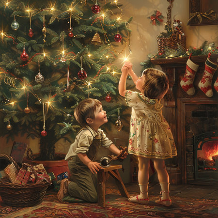 Two children, boy and girl, near the Christmas tree and fireplaceの素材