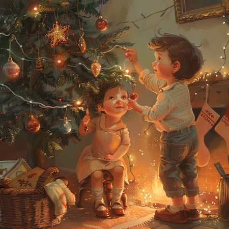 Two children, boy and girl, near the Christmas tree with toys.の素材