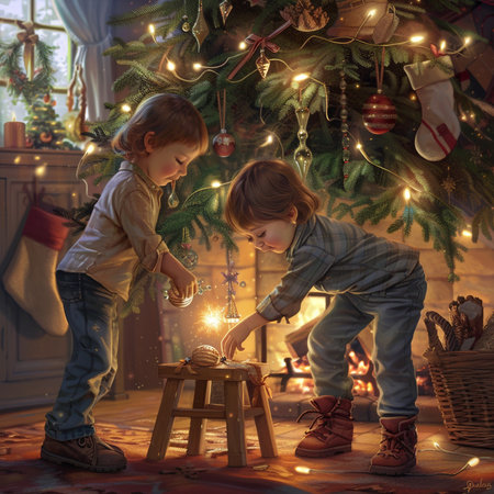 Two little children, boy brothers, playing near christmas tree at homeの素材