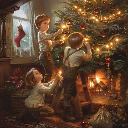 Little boy and girl decorate the Christmas tree in the living roomの素材