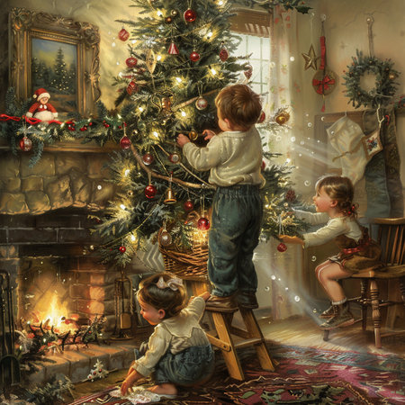 Children decorate the Christmas tree in the living room at home.の素材