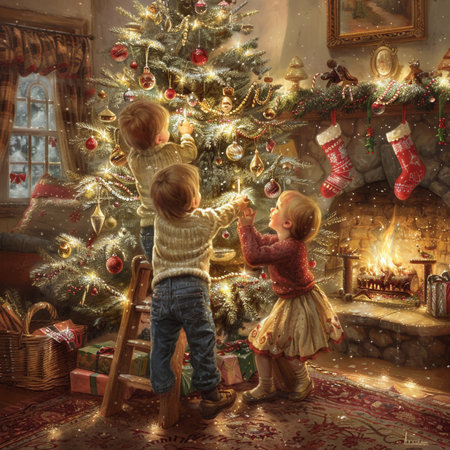 Children decorate the Christmas tree in the living room at home.の素材
