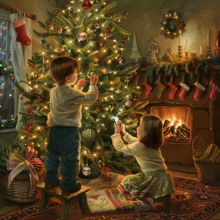 Children decorate the Christmas tree in a cozy room with a fireplace.の素材