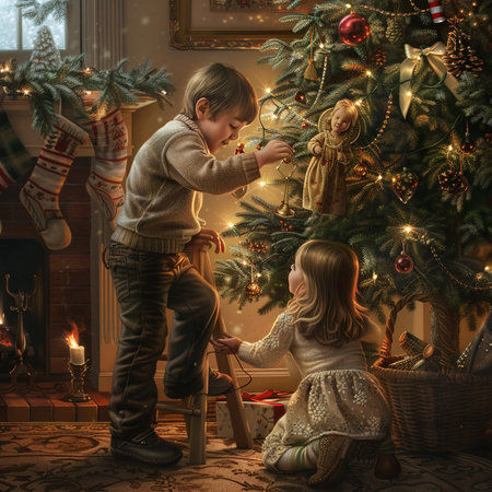 Little boy and girl decorating Christmas tree at home. Merry Christmas and Happy New Year!の素材