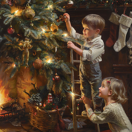 Little boy and girl decorating the Christmas tree. Christmas mood.の素材