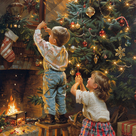 Little boy and girl decorate the Christmas tree with toys. New Year.の素材