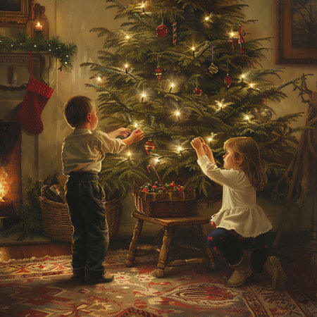 Two little children, boy and girlrating a Christmas tree at home.の素材