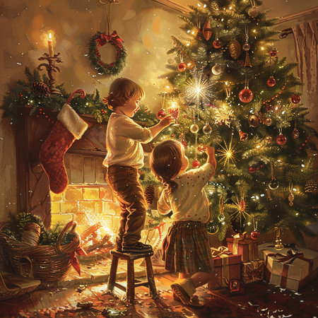 Children decorate the Christmas tree in a cozy room with a fireplaceの素材