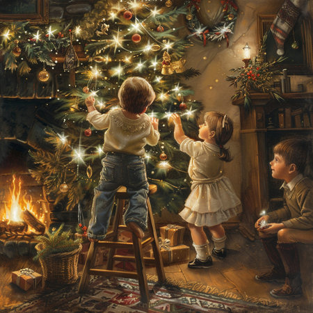 Children decorate the Christmas tree at home. Little boy and girl.の素材