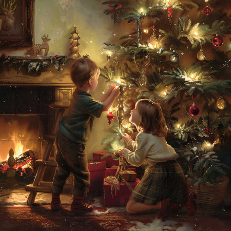 Children decorate the Christmas tree in the room with a fireplace.の素材