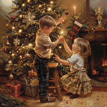 Little boy and girl decorating the Christmas tree with a garland.の素材