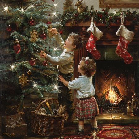Little boy and girl decorating a Christmas tree with toys and garlandsの素材
