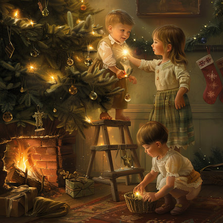 Children decorate the Christmas tree in a room with a fireplace.の素材