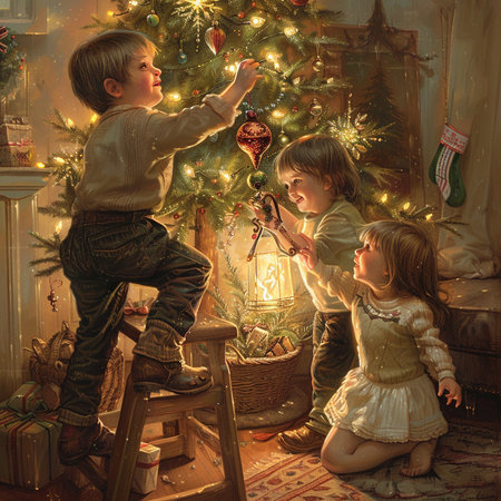 Children decorate the Christmas tree in the living room at home.の素材