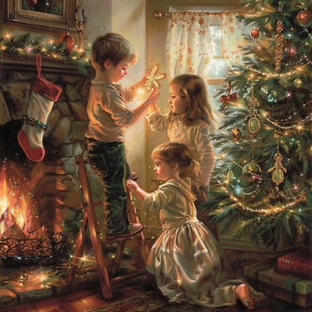 Little girl and boy decorating the Christmas tree by the fireplace.の素材