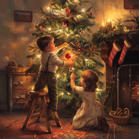 Little boy and girl decorating a Christmas tree in a room with a fireplaceの素材