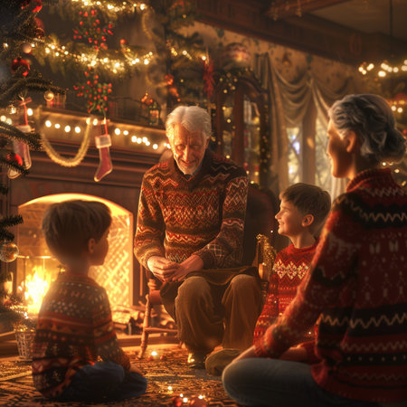 Grandfather and grandchildren sitting on the floor in front of a fireplaceの素材