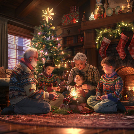 Happy family of four sitting in front of a fireplace and celebrating Christmasの素材