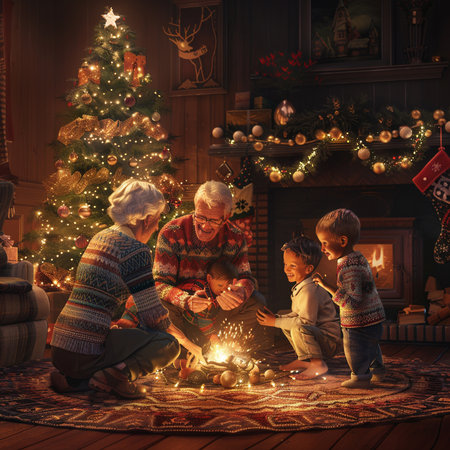 Happy family sitting by the fireplace at home. Christmas and New Year concept.の素材