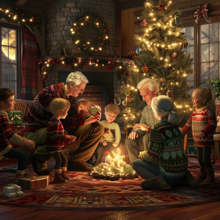 Happy family sitting around a fire in a living room decorated for Christmasの素材