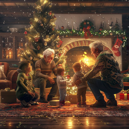 Happy family celebrating Christmas at home. Grandfather, mother and children opening presents.の素材