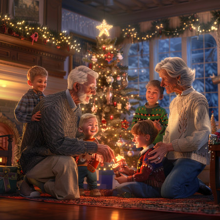 Portrait of a happy family sitting on the floor in front of a Christmas treeの素材